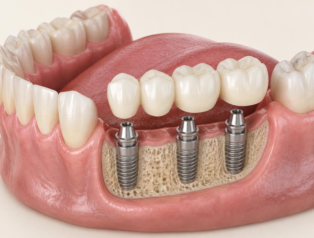 Implant supported bridge replacing several missing lower teeth