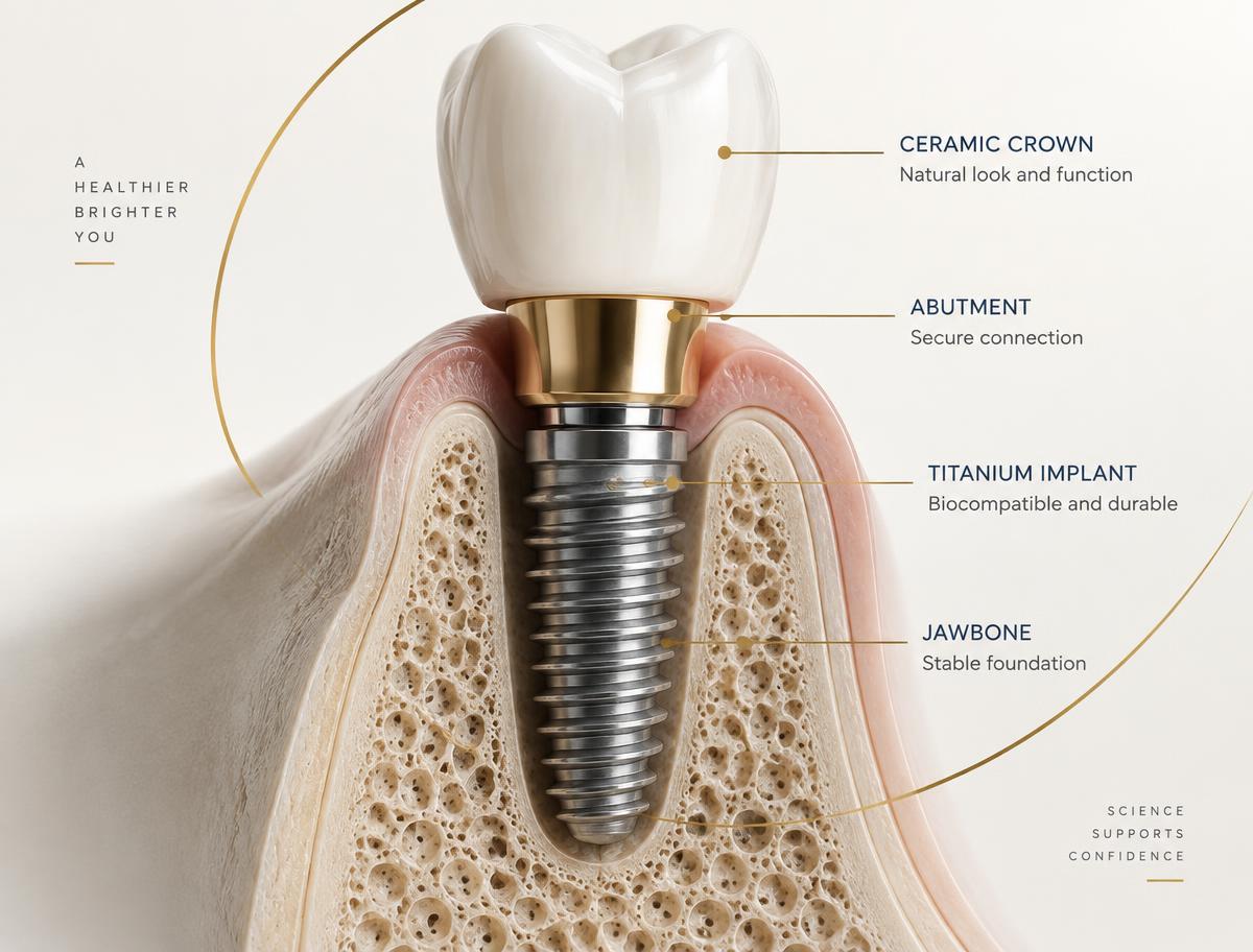 Cross section of a single dental implant with abutment and ceramic crown in the jawbone