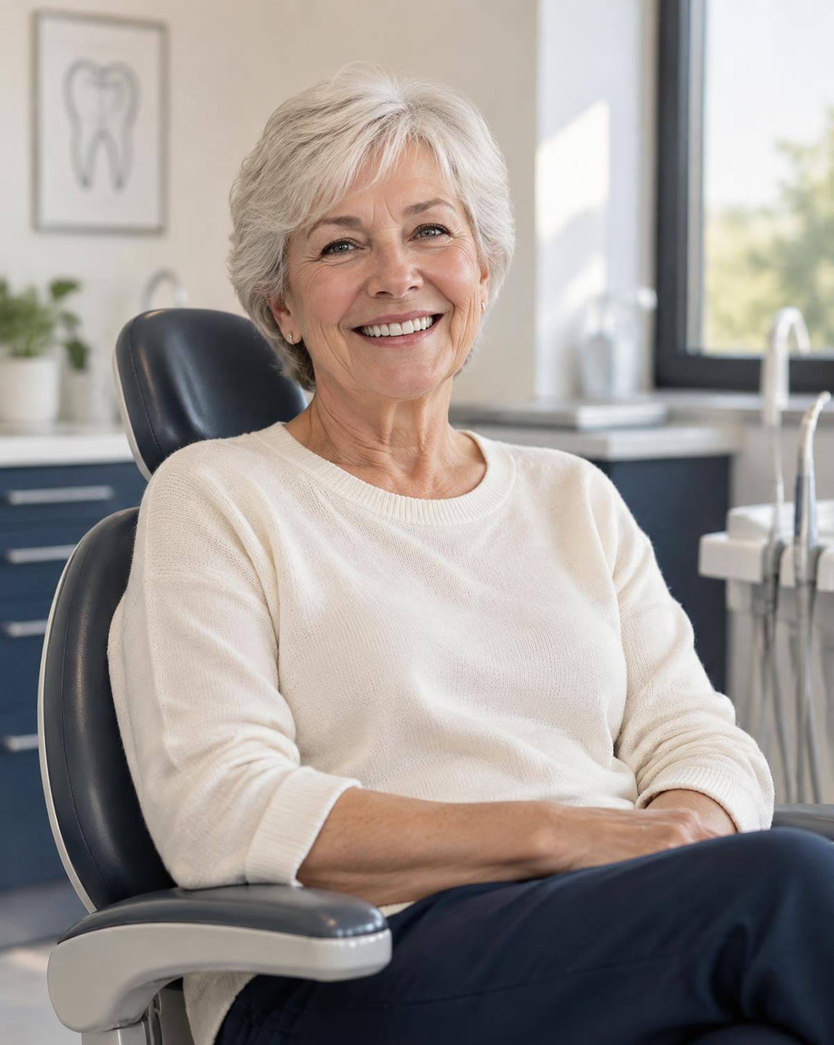 Patient smiling comfortably in the dental chair after implant treatment